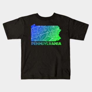 Colorful mandala art map of Pennsylvania with text in blue and green Kids T-Shirt